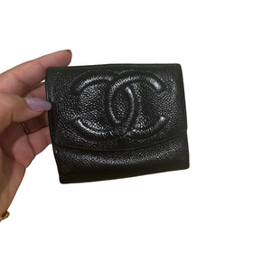 Vintage Chanel Black Caviar Leather Wallet snap is not snappy W/ COA